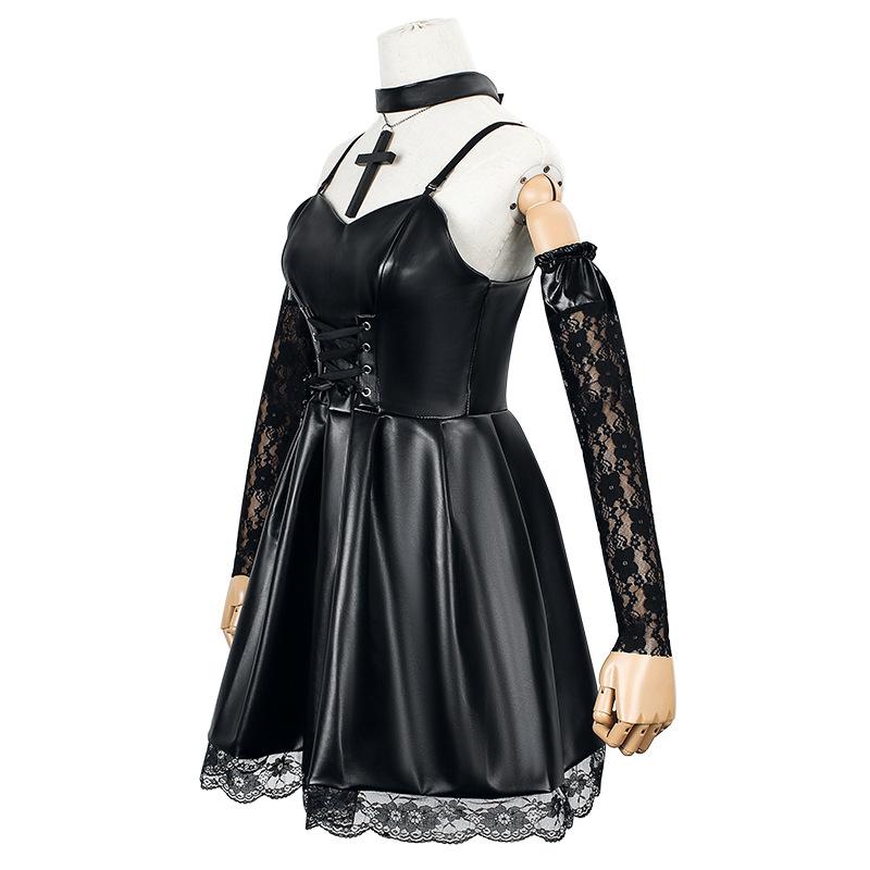 Death Note Cosplay Costume Misa Amane Imitation Leather Sexy Dress +Neck Jewelry+stockings+necklace Uniform Outfit Halloween Wig