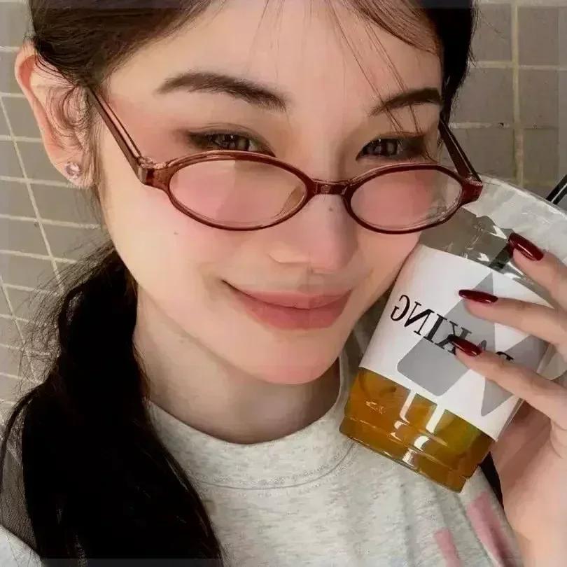 Retro Oval Glasses Women Girls Y2K Red Green Frame Glass Eyewear Decorative Computer Anti-blue Eyeglasses with Seaside Driving