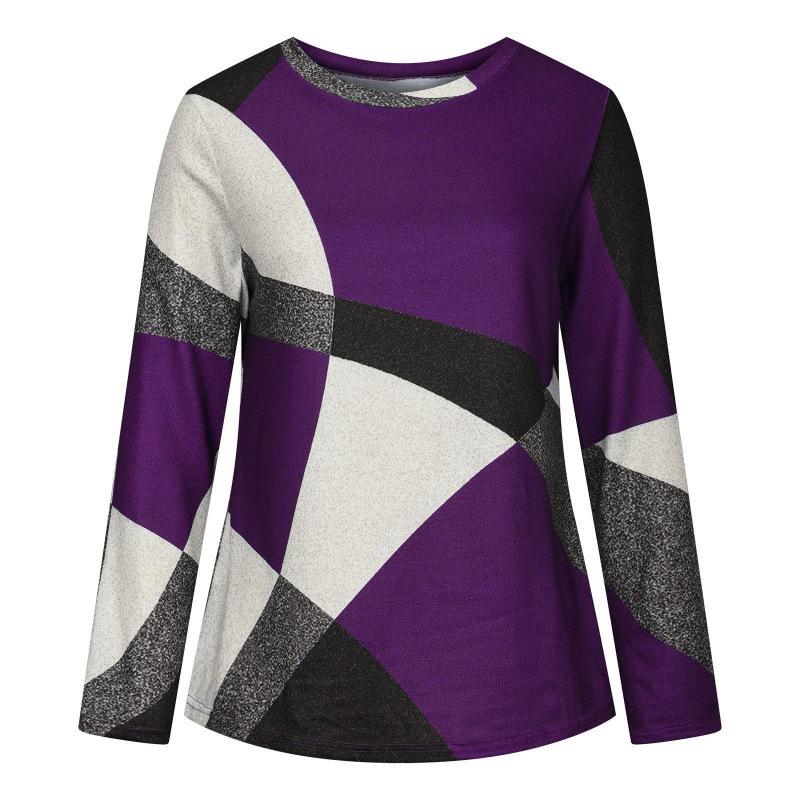 European American Women Casual Color Block Long Sleeve Buttons Dressy Casual Geometric Tunic Crewneck T Shirts