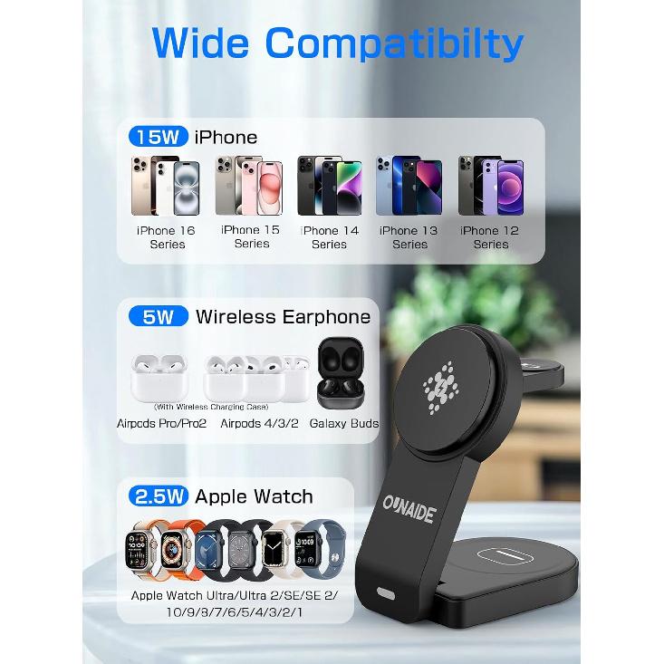 2025 Magnetic 3 in 1 Wireless Charger, Mag-Safe Charger Stand Wireless Charging Station for Apple iPhone 16/15/14/13/12 Series, for Apple Watch and