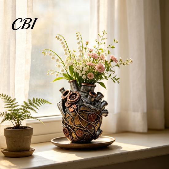 Study Room Decorative Ornament Heart Shape Vase Decor, Resin Flower Pot, Retro Multi Hole Sculpture Planters, Funny Table Centerpiece for Living Desk