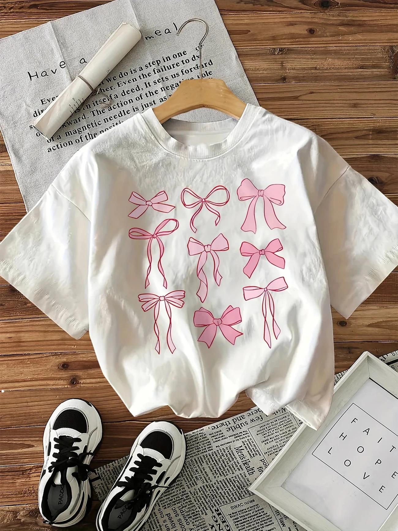 

Pink Bow Print T-shirt Women S Vintage Style Casual Printed T Shirt Bo Short Sleeve Top Tee Kawaii Clothes Women Clothing S