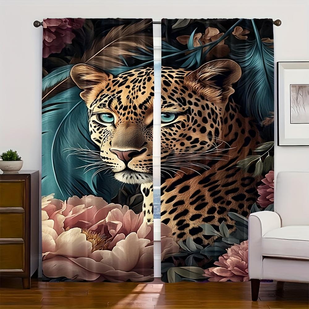 Set Of 2 Animal Curtains Daisy Peony Flower Green Leaf Leopard Pri Modern Made Polyester