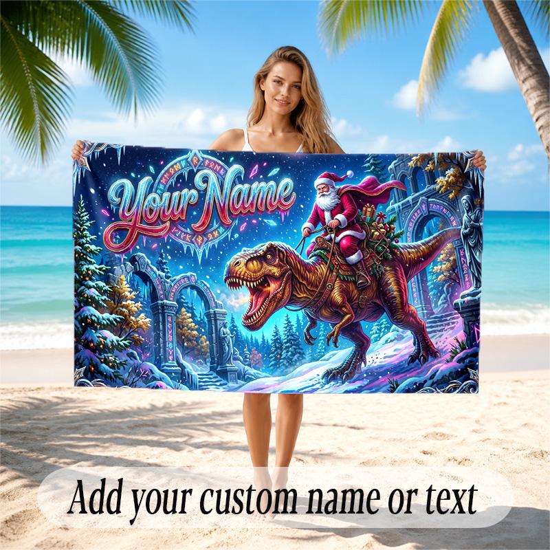 Dinosaur Theme Quick Dry Beach Towel Custom Name Text Print Large Sand Resistant Towel Beach Vacation