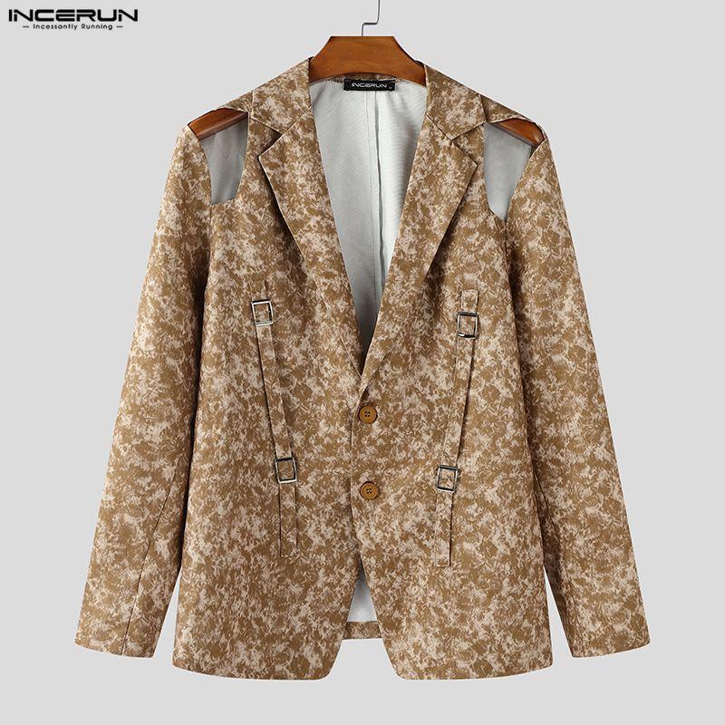 INCERUN Men Lapel Neck Cutout Long Sleeve Button Floral Print Thin Blazer Coats