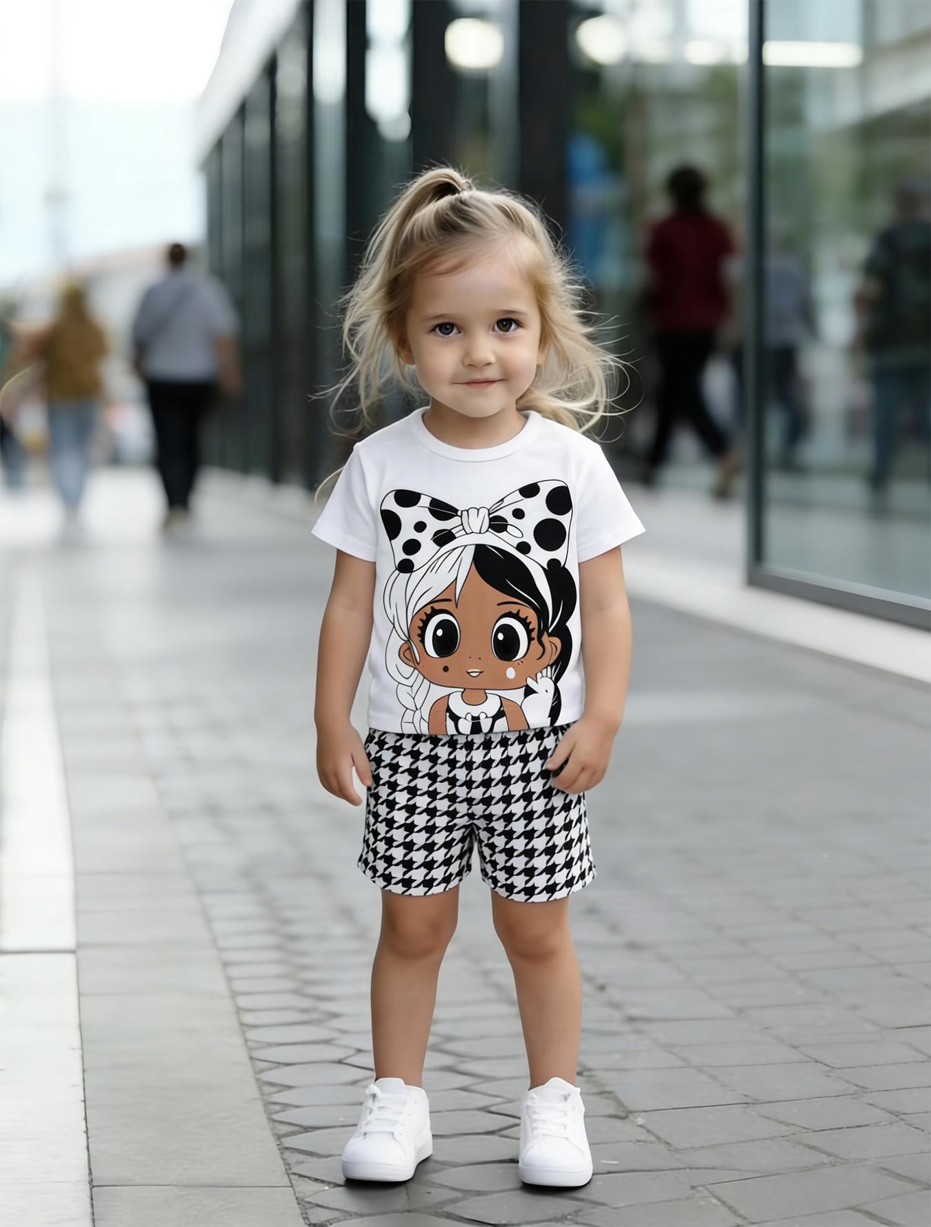 

Toddler Girls Cute Cartoon Girl & Houndstooth Print 2-Piece Outfit, Summer Black & White Casual Clothes for Kids, Perfect for Playwear & Outdoor 1-2Y белый