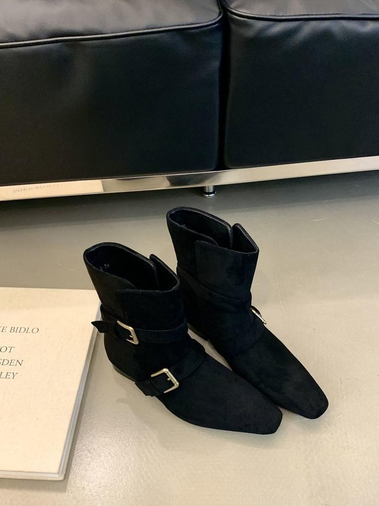 2024 Autumn/Winter New Short Boots Women's Leather Buckle Pointed Suede Flat Bottom Women Platform Boots