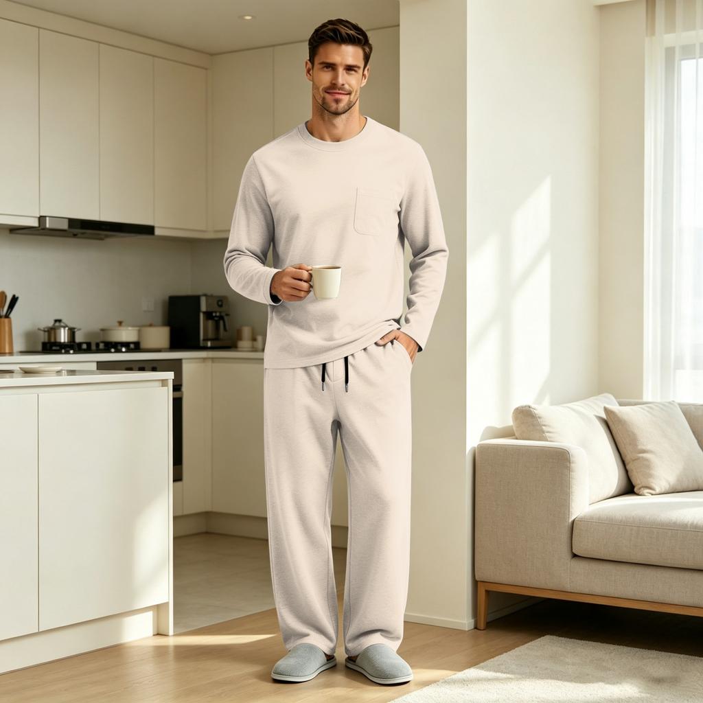 Men's Long Sleeve Pajama Set with Button Fly and Elastic Drawstring Waist for Sleep and