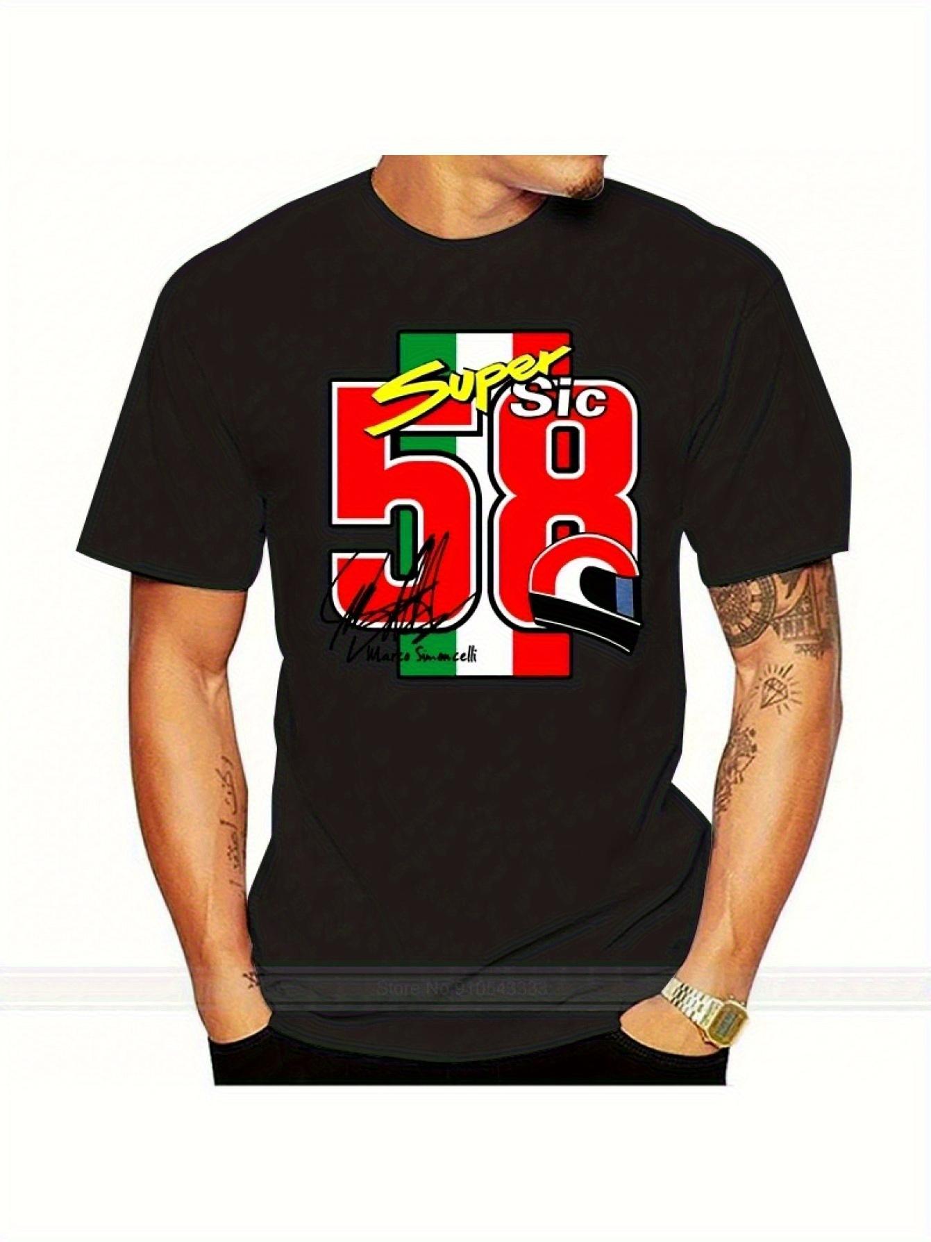 Men s Marco Simoncelli Super Sic 58 Racing T-Shirt - Heavyweight 100% Cotton Motorcycle Graphic Tee with Sic58 Number & Italian Flag Design, Black wit L