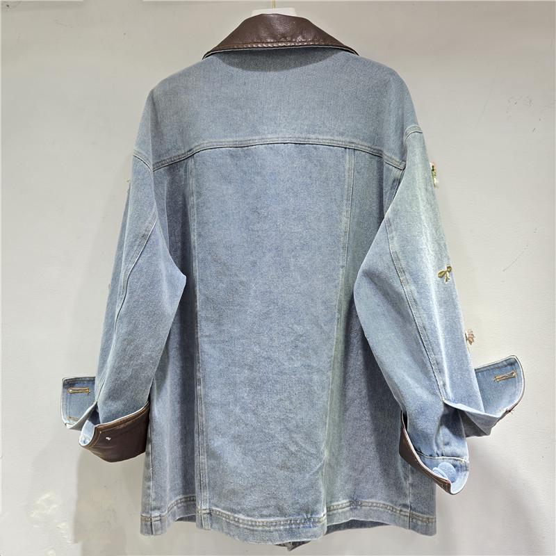 2025 Autumn/Winter Women's Floral Beaded PU Leather and Denim Color Block Jacket