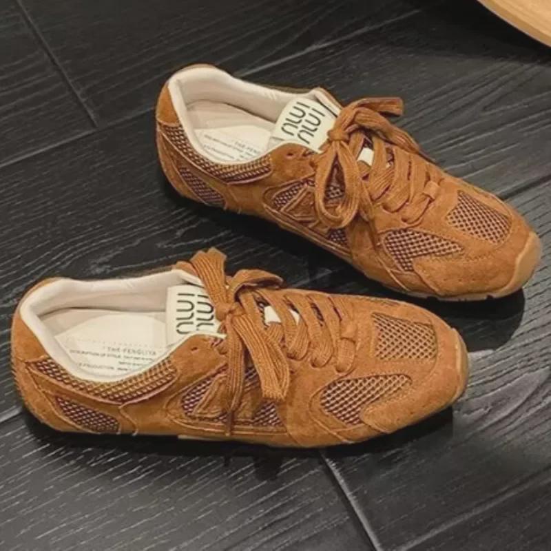 Genuine Leather Retro Women's Mesh Breathable Flat Sneakers - Early Spring 2025 Collection
