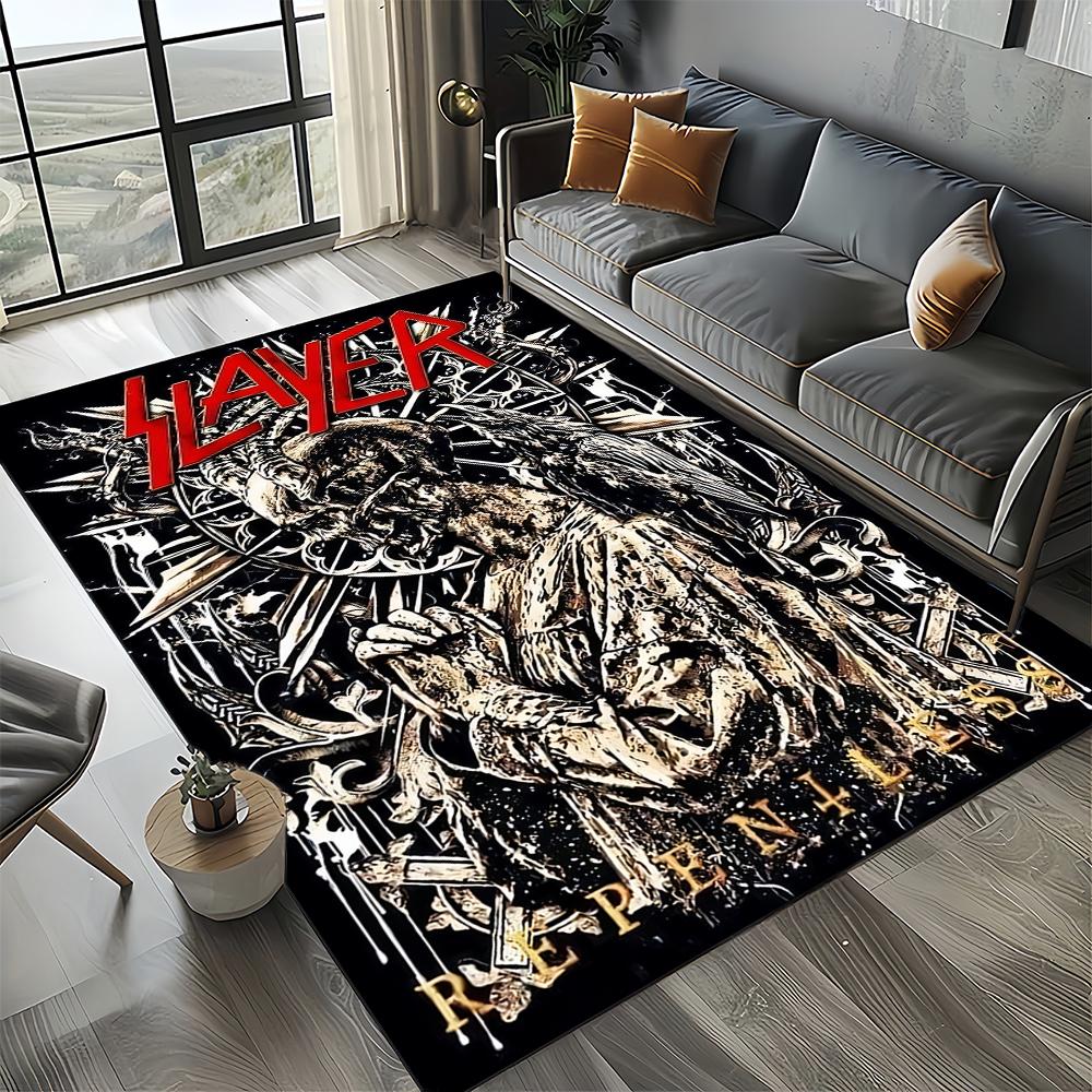 Tapete de Chão 3D Retro Band Slayer Heavy Metal Rock Sinal para Sala de Estar Quarto Casa Decoração de Sofá, Tapete Antiderrapante para Brincar de Criança
