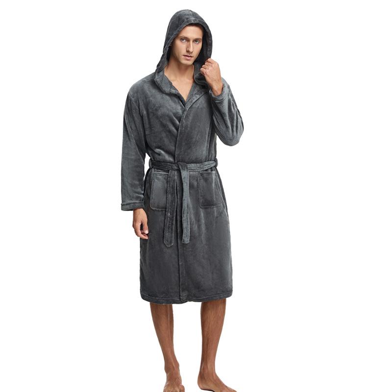 Men's Hooded Coral Fleece Flannel Bathrobe Pajamas Homewear