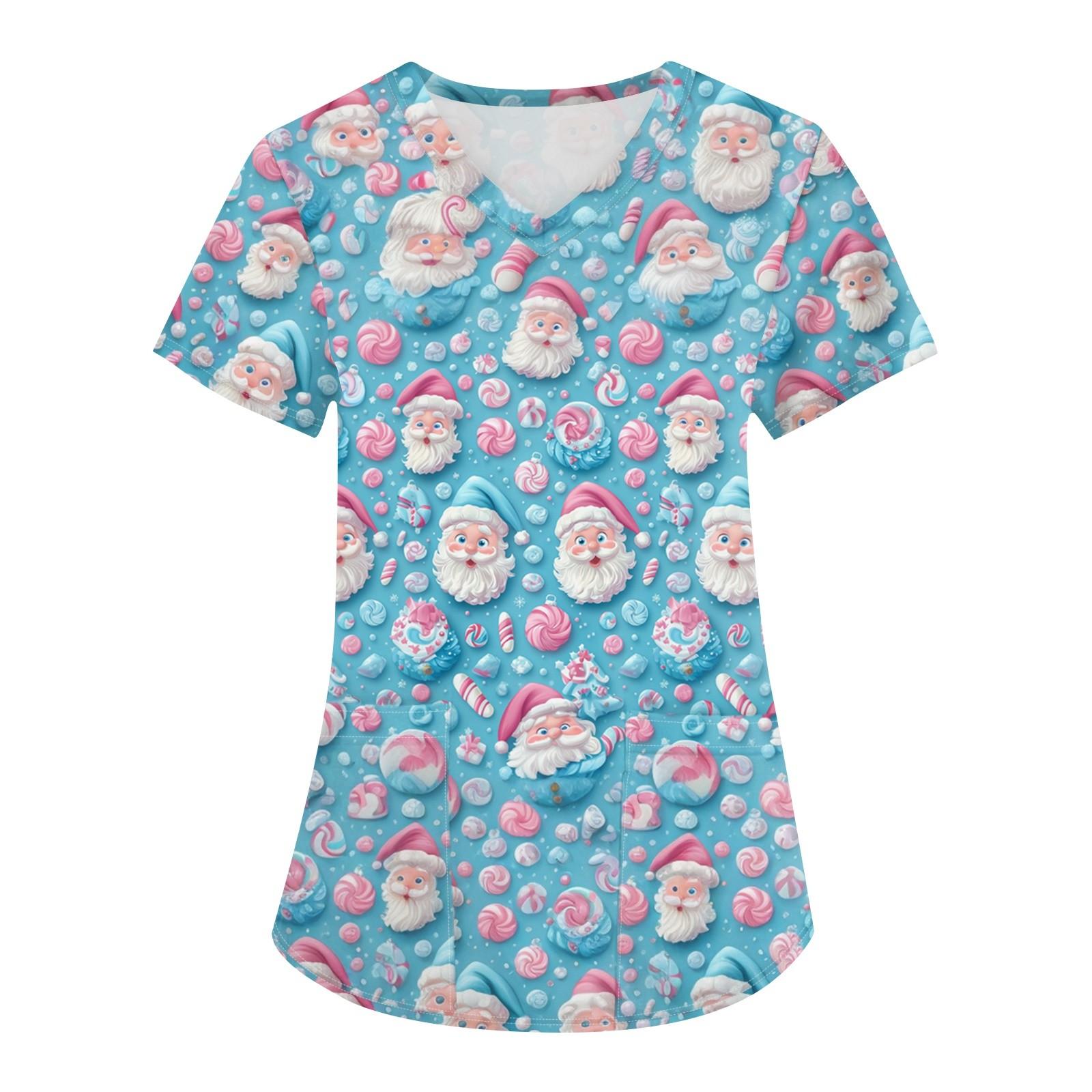 

Женская мода с v-образным вырезом, короткими рукавами и карманами, топы с рождественским принтом L