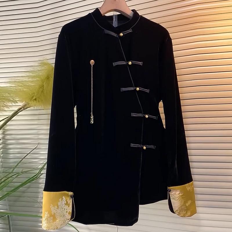 Großformatige Schwarze Stehkragen Froschknöpfe Bluse - Retro Stil Schlankmachendes Oberteil für Damen