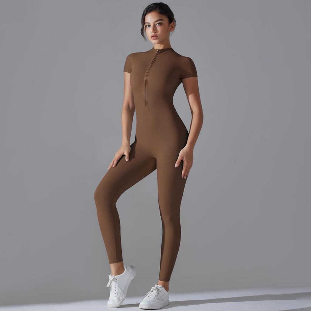 Solid Color High Elastic Half-Zip Short Sleeve Bodysuit for Sexy Fitness