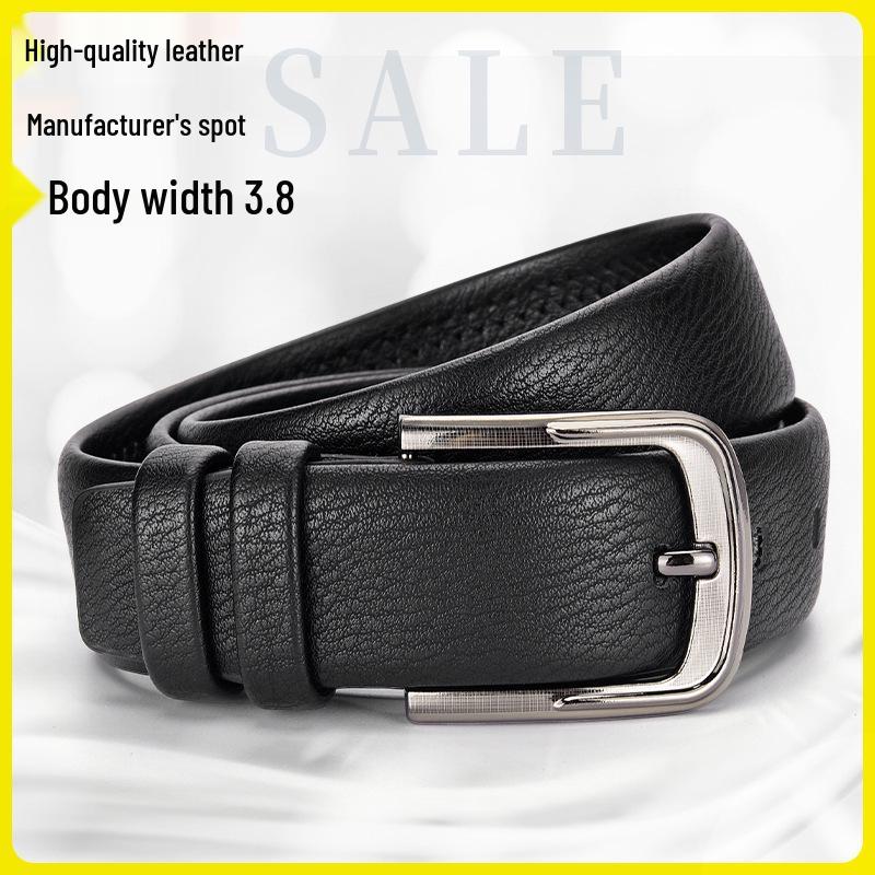 Men's Genuine Leather 3.8cm Pin Buckle Lychee Pattern Belt Jeans Accessory