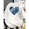 Vintage Blue Denim Heart Print Shortsleeved Tshirt Crew Neck Casual Top For Unisex Unisex All Season Daily Casual Fashion Wear