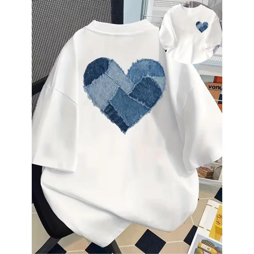 Vintage Blue Denim Heart Print Shortsleeved Tshirt Crew Neck Casual Top For Unisex Unisex All Season Daily Casual Fashion Wear