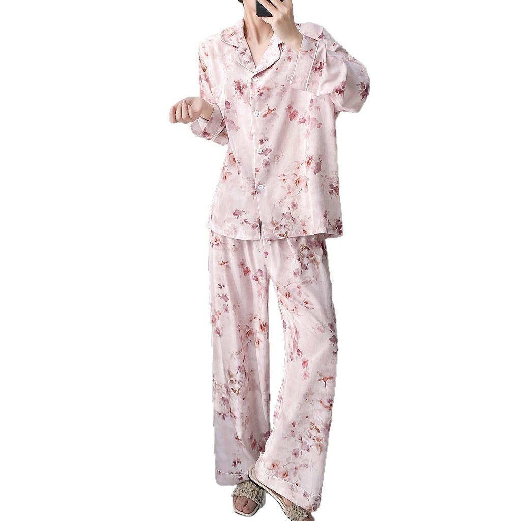 Sweet wind floral pajamas women's spring and summer long-sleeved cardigan loungewear spring and autumn thin national style cotton and silk suit can