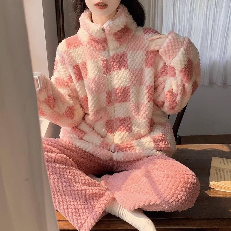 

Женский пижамный комплект из фланели с рисунком «Шахматная роза» — плотный, теплый кардиган и водолазка на молнии M, L