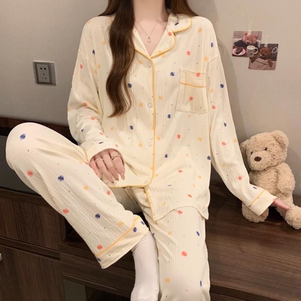 Bear Long Pajama Set Bow Lady Nightwear Suit Comfortable Women's Loungewear Female