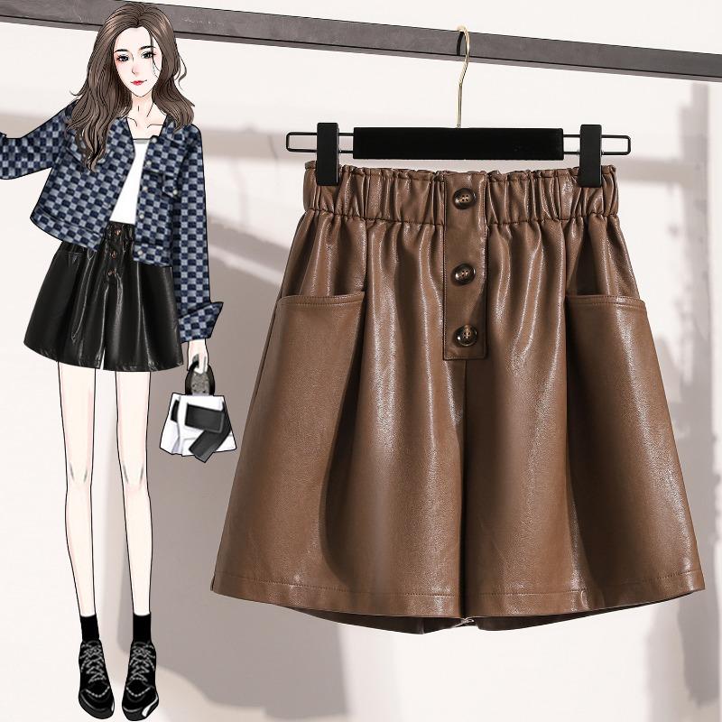 

Dimanaf 2024 Большие размеры Осенние зимние шорты женские повседневные однотонные новые свободные широкие брюки из искусственной кожи с высокой талией короткие брюки M коричневый