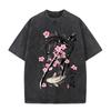 2026 Vintage Washed Beige Japanese Koi Fish Sakura Katana Graphic T Shirt Oriental Retro Animal Print Oversized Casual Short Sle