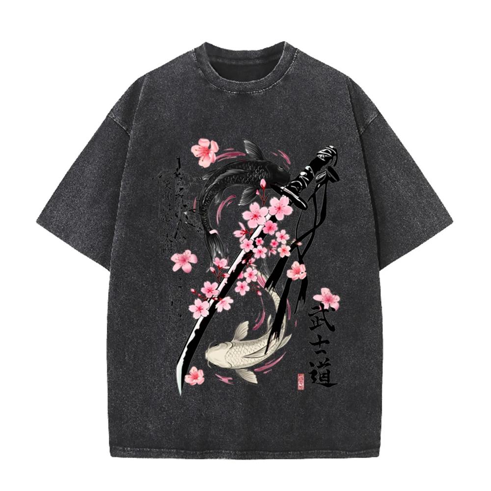 2026 Vintage Washed Beige Japanese Koi Fish Sakura Katana Graphic T Shirt Oriental Retro Animal Print Oversized Casual Short Sle