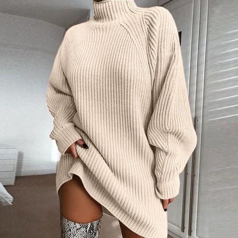 Autumn Winter Women's Solid Color Loose Knitted Sweater Dress Women Long Sleeve Turtleneck Pullover Knit Dress
