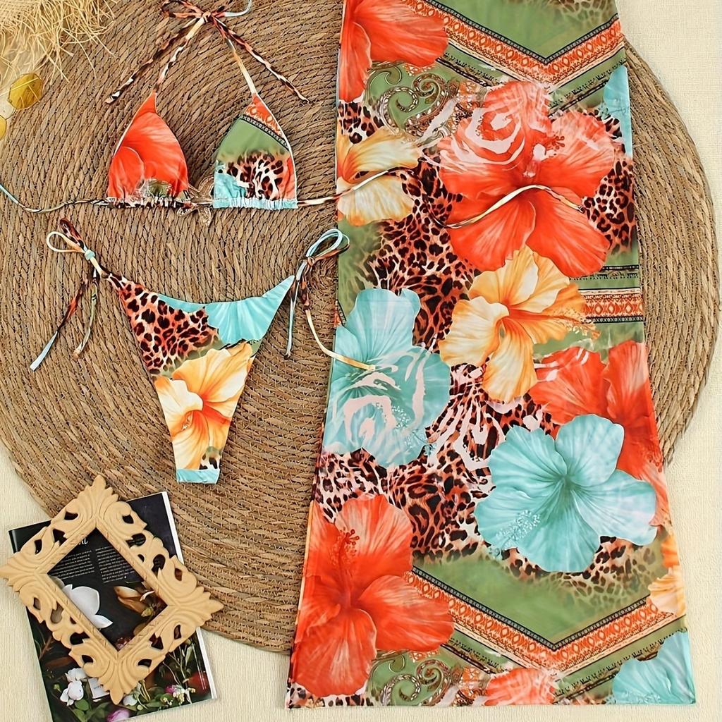 Print Neckholder Netz langes Kleid Zweiteiliger Bikini Mit Metall-Accessoires Mode Für Den Urlaub