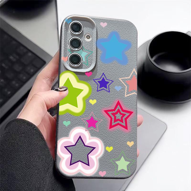 Blended Colorful Stars Pattern Case For Samsung Galaxy S26 Ultra S25 Edge S24 S23 S22 Plus S21 FE Leather Texture Silicone Cover
