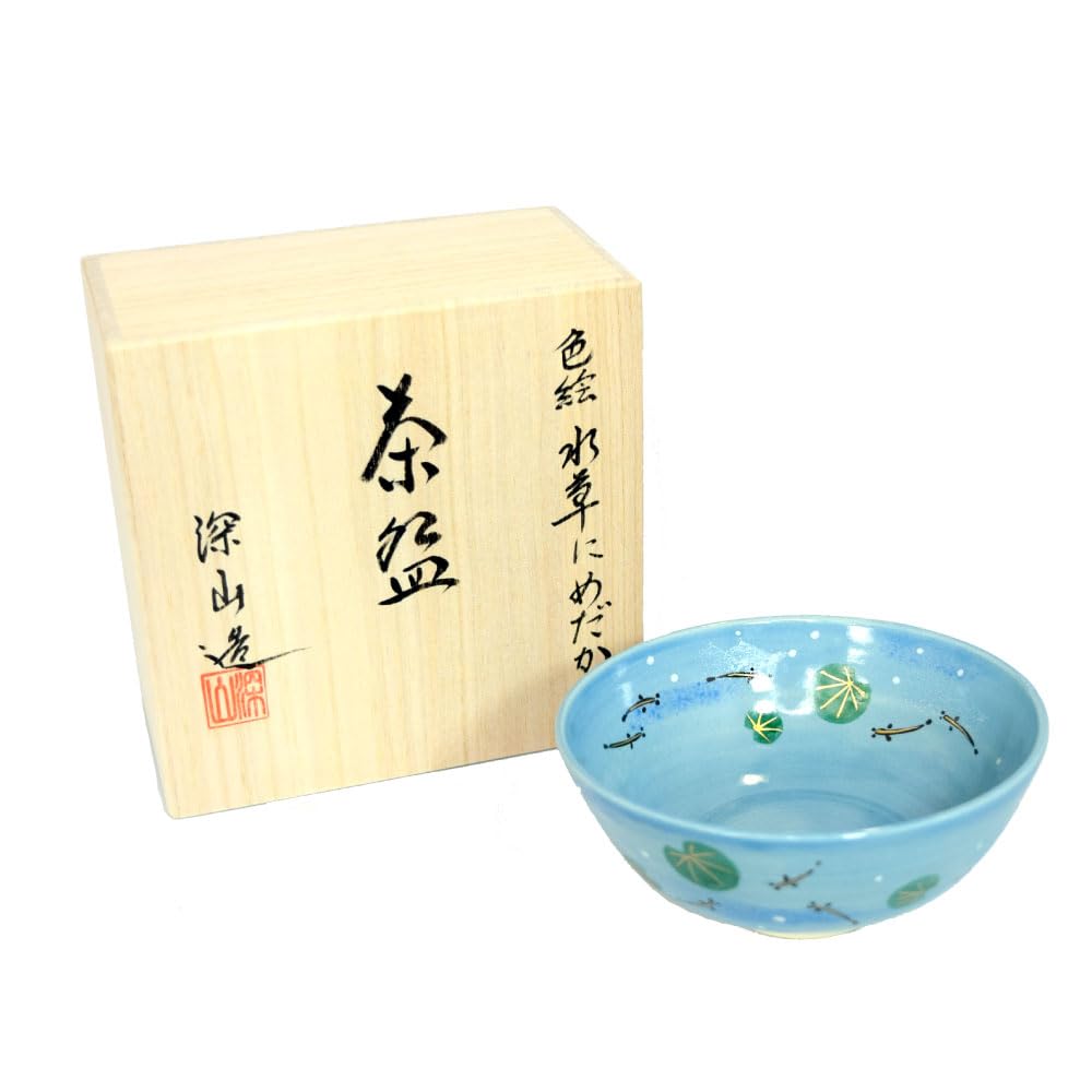 Tea Ceremony Utensils, Flat Tea Bowl, Colored Painting, Design of Water Plants and Killifish, by Higashiyama Miyama