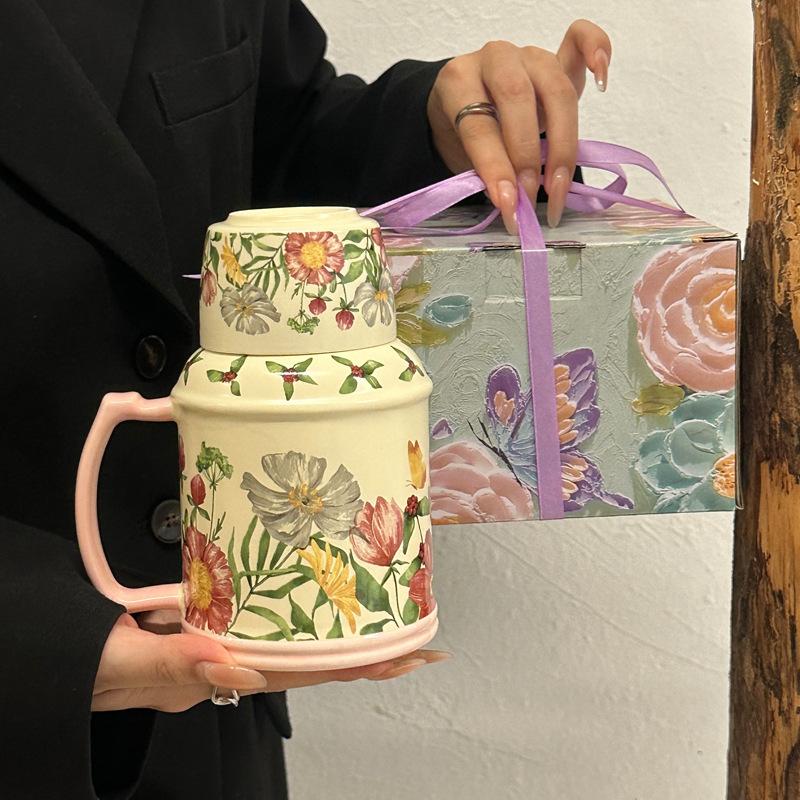 Oil painting retro ceramic kettle cup, large-capacity water cup, high-value mug for girls, birthday gift for girlfriends