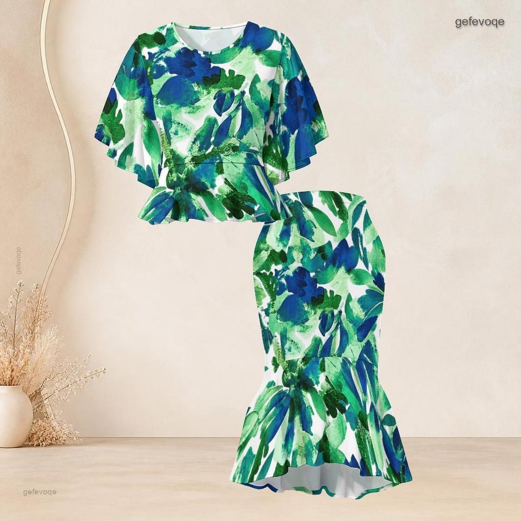 Women Plus Size Two Piece Set Round Neck Batwing Short Sleeve Tropical Leaf Printed Ruffle Hem Top Fishtail Skirt