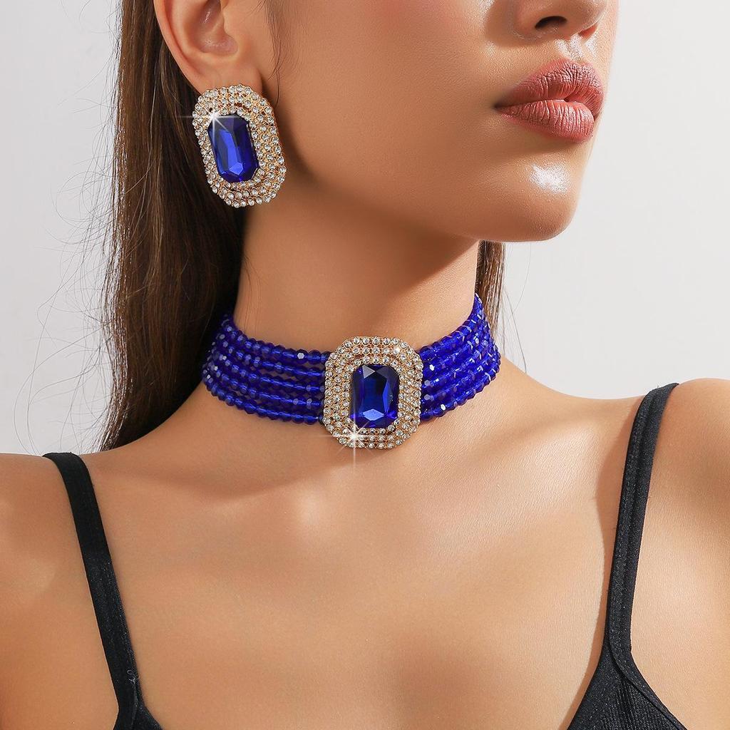 Set Colier Choker Geometric Rectangular din Sticlă de Cristal Multistrat de Lux și Cercei