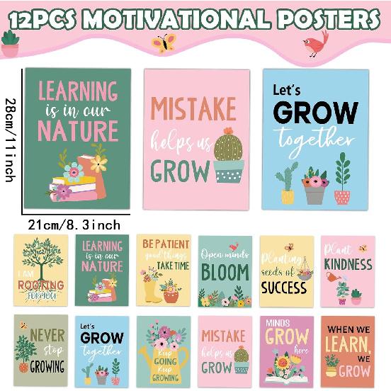 12Pcs Spring Bulletin Board for Classroom Motivational Poster Flower Poster Bulletin Board When We Learn We Grow pirational Green Plant Positive