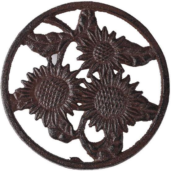 Cast Iron Sunflower Trivet - Decorative Cast Iron Trivet For Kitchen Or Dining Table - Vintage, Rusted Design - 6.1 x6.1 - With Rubber Pegs/Feet -
