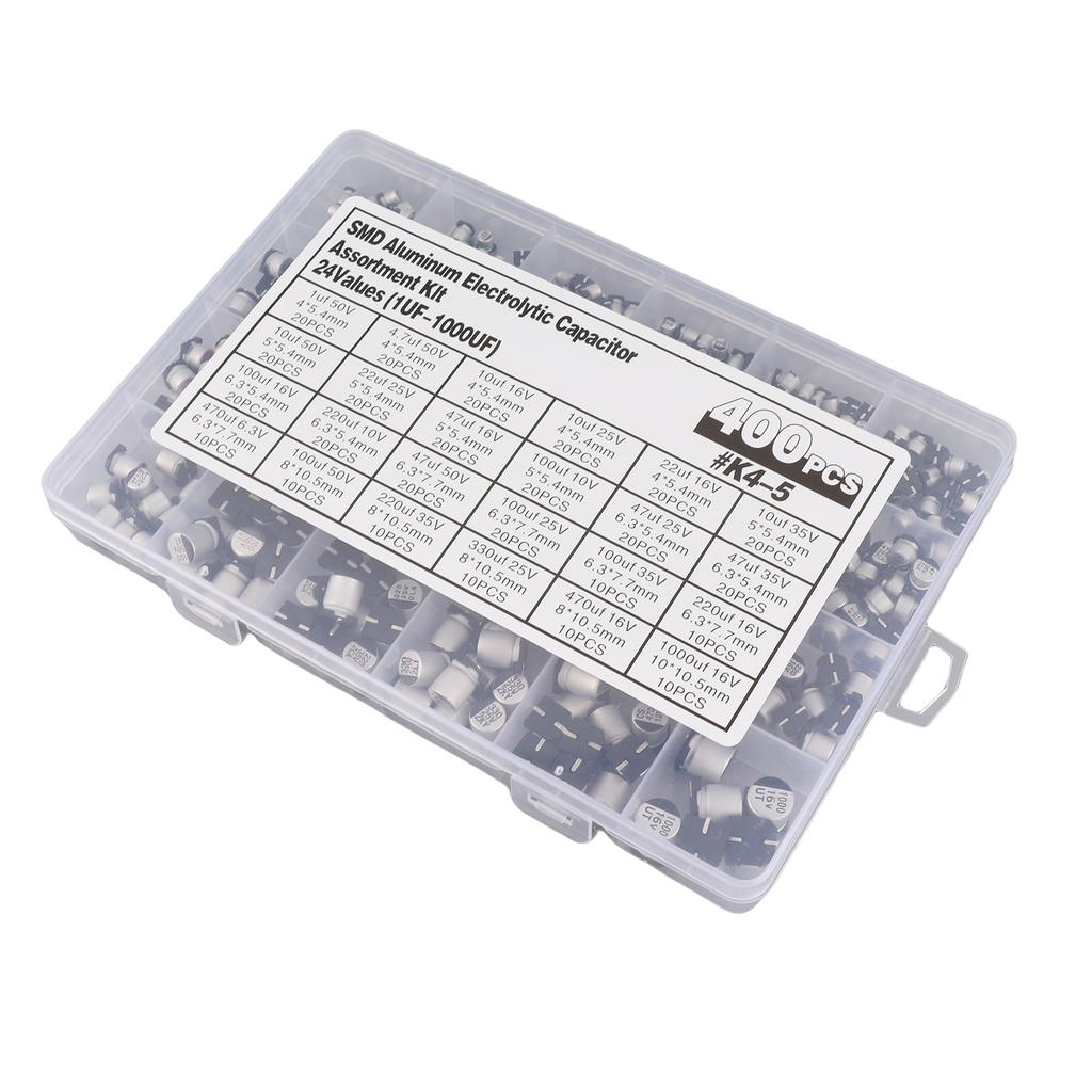 400pcs 24value Electrolytic Capacitor Assortment Kit 1uF 1000uF 6.3V 50V Aluminum Assorted Capacitors with Storage Box