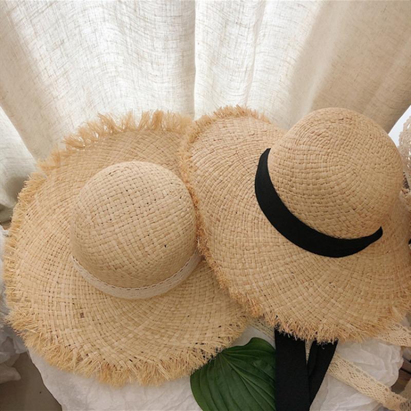 New Spring and Summer Small Fresh Foldable Raffia Woven Straw Hat Beach Big Brim Sunscreen Visor Rough Edge