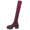 Winter Round Head Fly-Woven Thin Knee Boots Large Size Thick-Soled Medium Heel Elastic Thin Boots Women