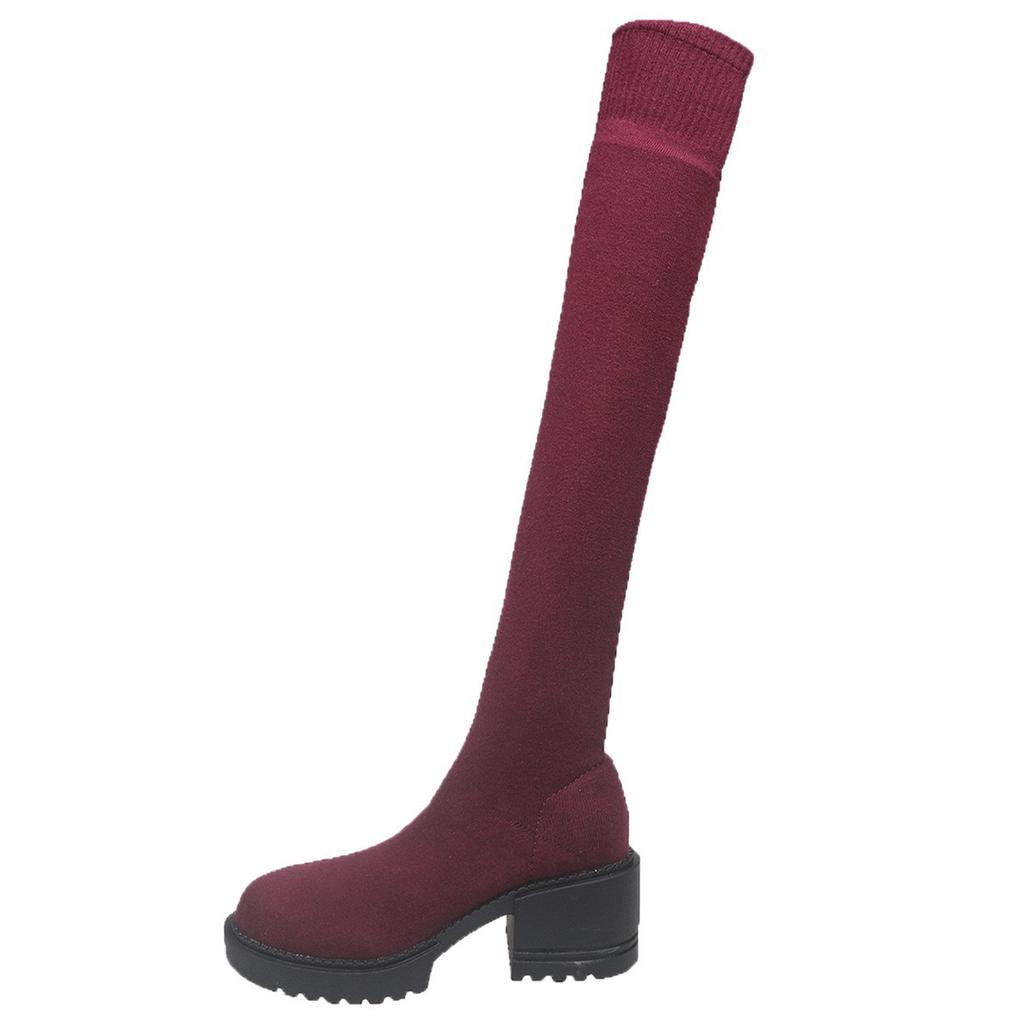 Winter Round Head Fly-Woven Thin Knee Boots Large Size Thick-Soled Medium Heel Elastic Thin Boots Women