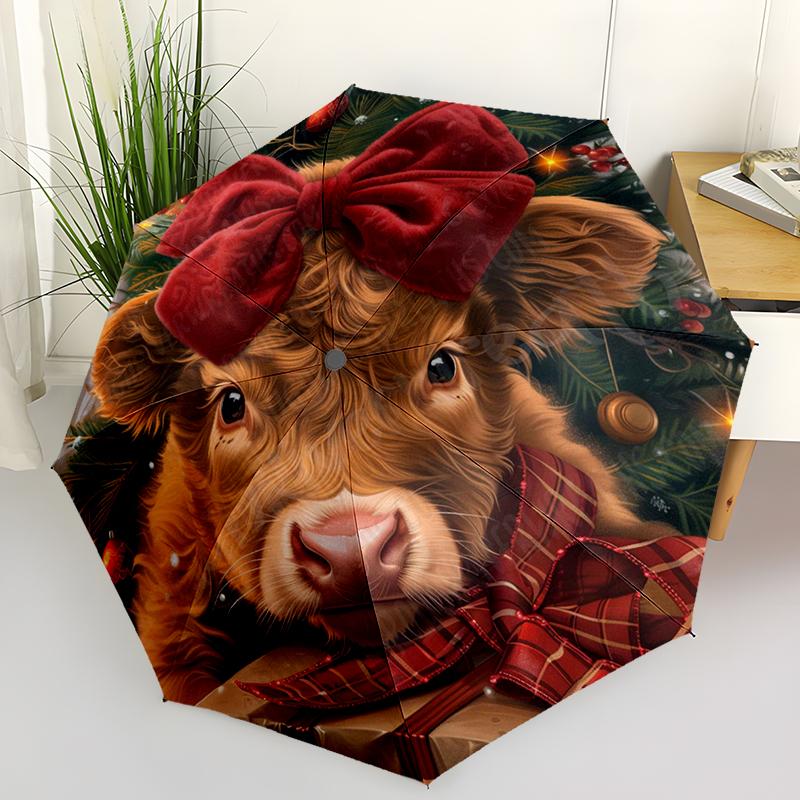 Cute Highland Cow Folding Umbrella Fashion Auto-Open Design 8 Iron Ribs Plastic Handle Foldable Sunshade Perfect Christmas Gifts
