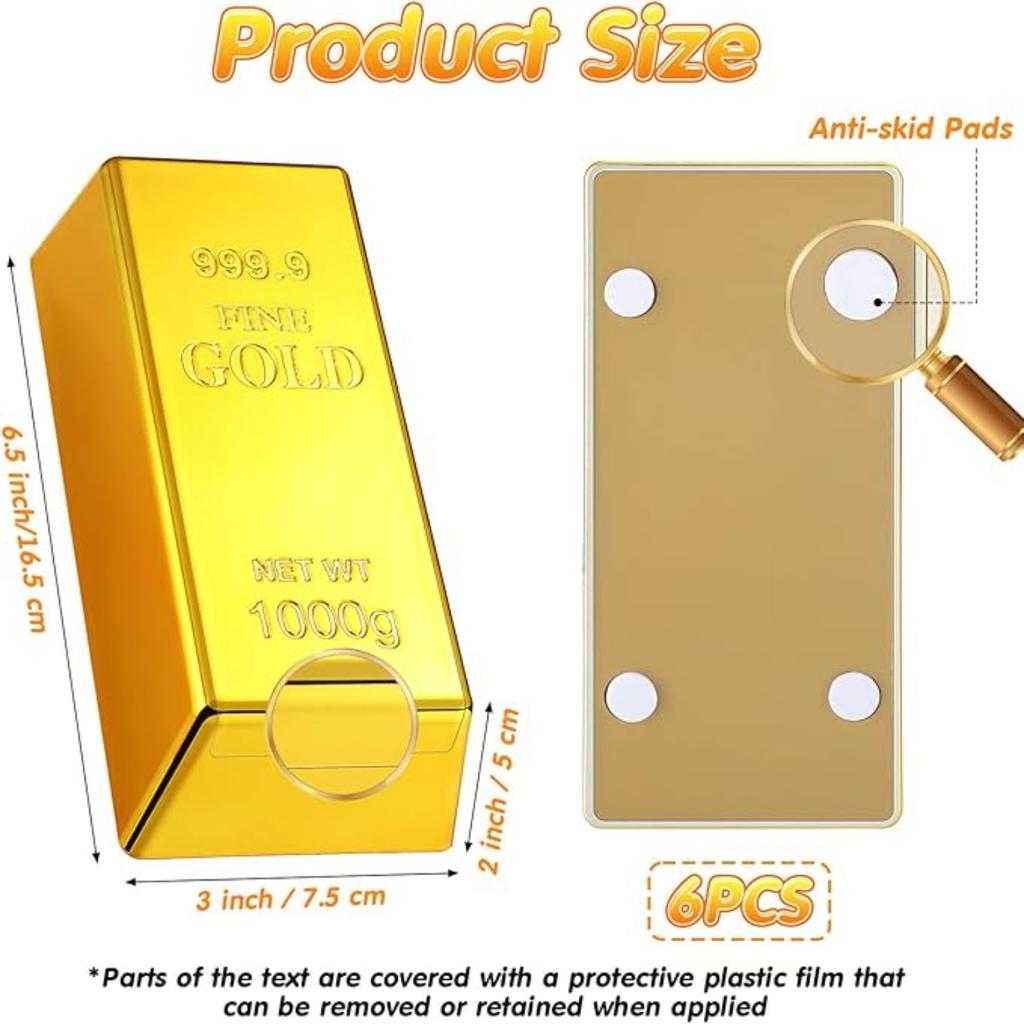 1pc Fake Gold Bar Replica Brick Bullion Glittering Movie Prop for Stage Decor Halloween Pirate Costume Supplies Novelty Gifts Paper Weight Door Stop