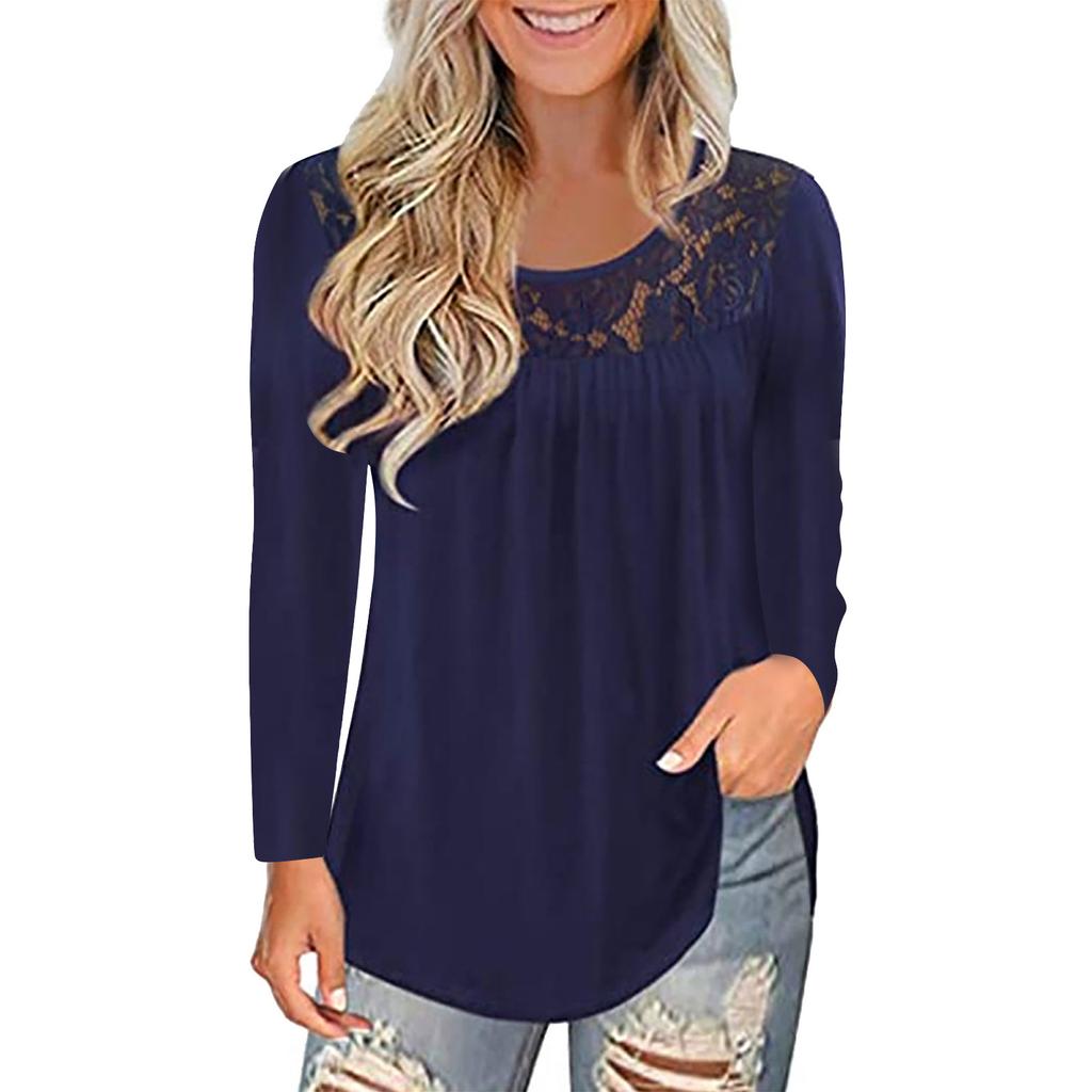 Women Fashion Lace Solid Splicing O-Neck Long Sleeve T-Shirt Blouse Tops