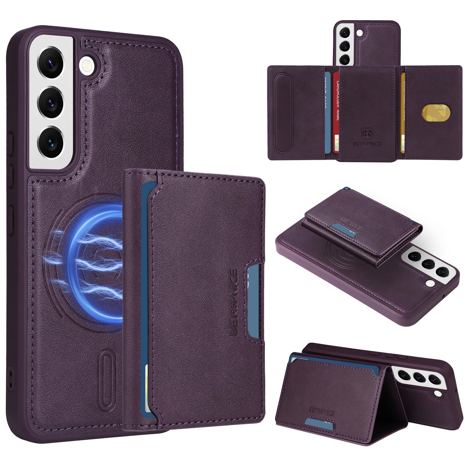 

For Samsung Galaxy S22 5G Magnetic Case BETOPNICE Leather Phone Cover Kickstand with Detachable Card Bag Purple