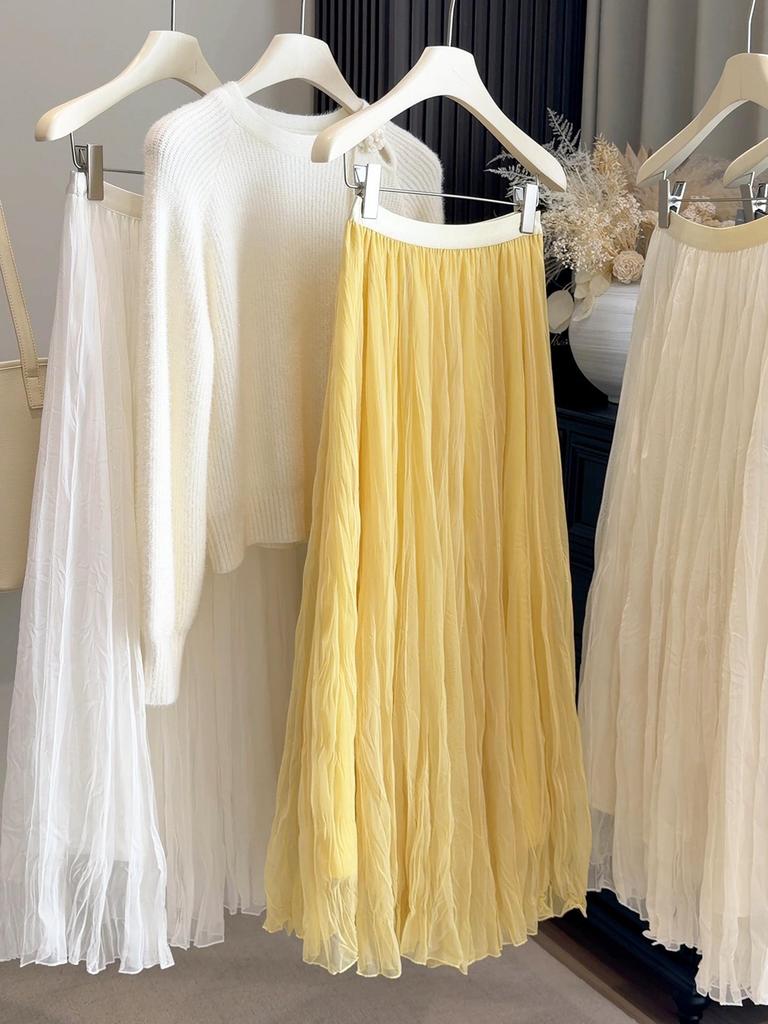 Elegant Versatile High-Quality A-Line Pleated Mesh Skirt for Women - Mid-Length Fairy Style