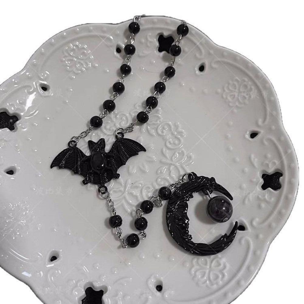 Gotisch Punk Schwarz Vampir Fledermaus Menschliches Gesicht Halbmond Quaste Anhänger Perlenkette Halskette für Damen Herren Halloween Party Schmuck