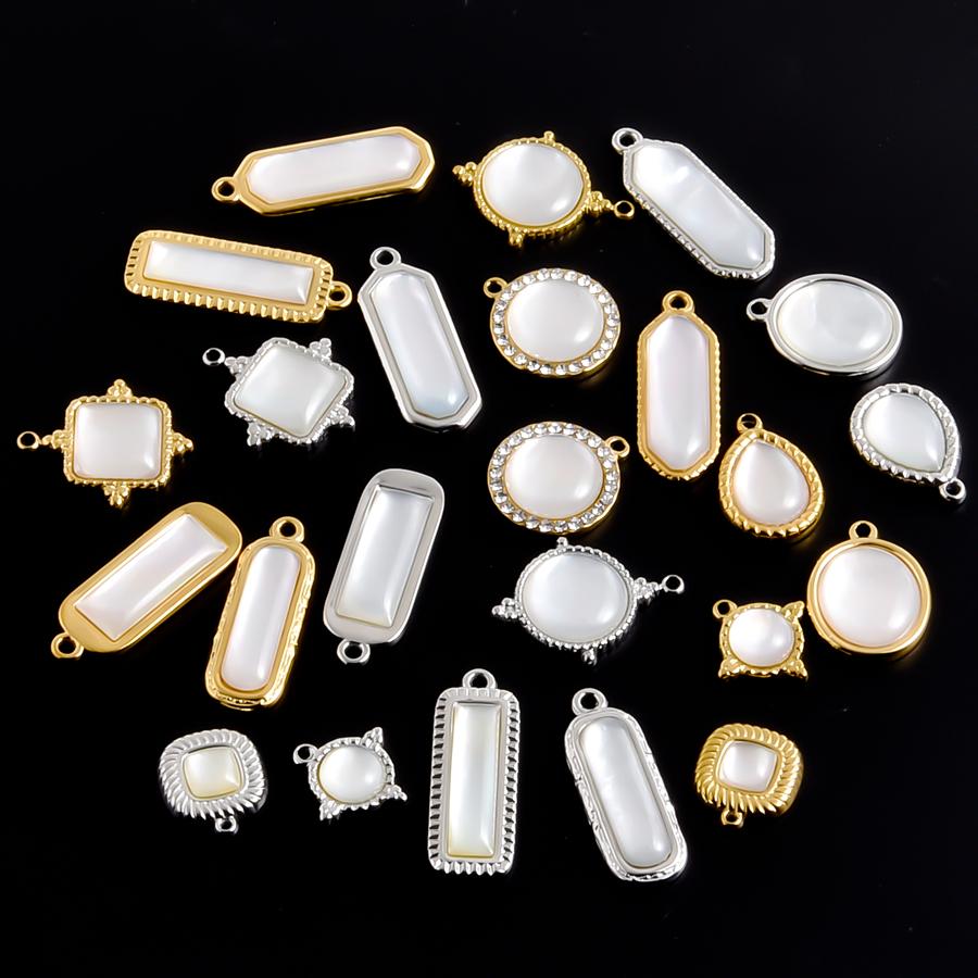 3pcs Gold/Silver Color PVD Metal Charms White Shell Stainless Steel Pendants For Jewelry Making Supplies Rhinestone DIY Pendant