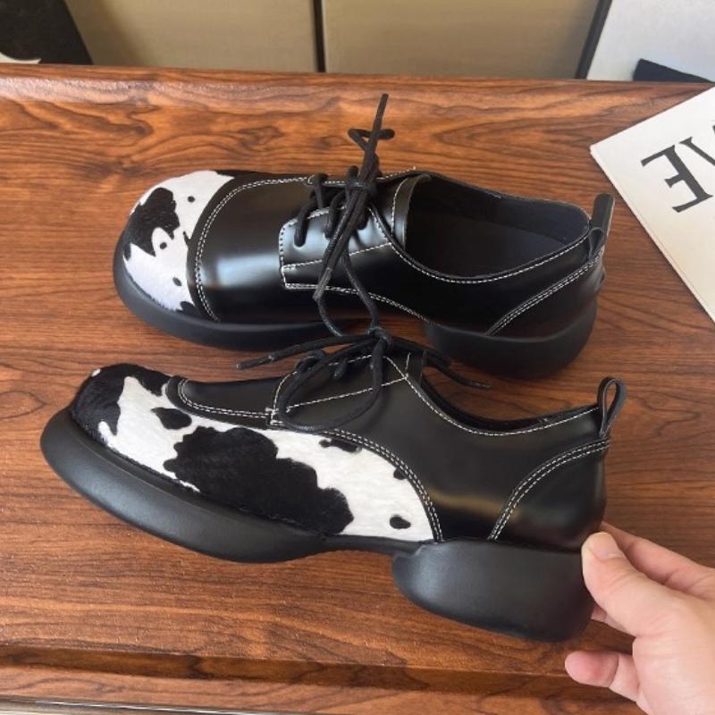 Fashion British Style Leopard Print Thick Bottom Leather Shoe Women Fashion Stitching Lace Up Design Loafers Haussures Femme Confortable
